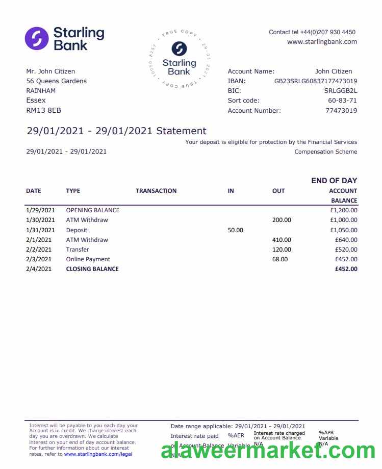 United Kingdom Starling bank statement template in .xls and .pdf file format, good for address prove